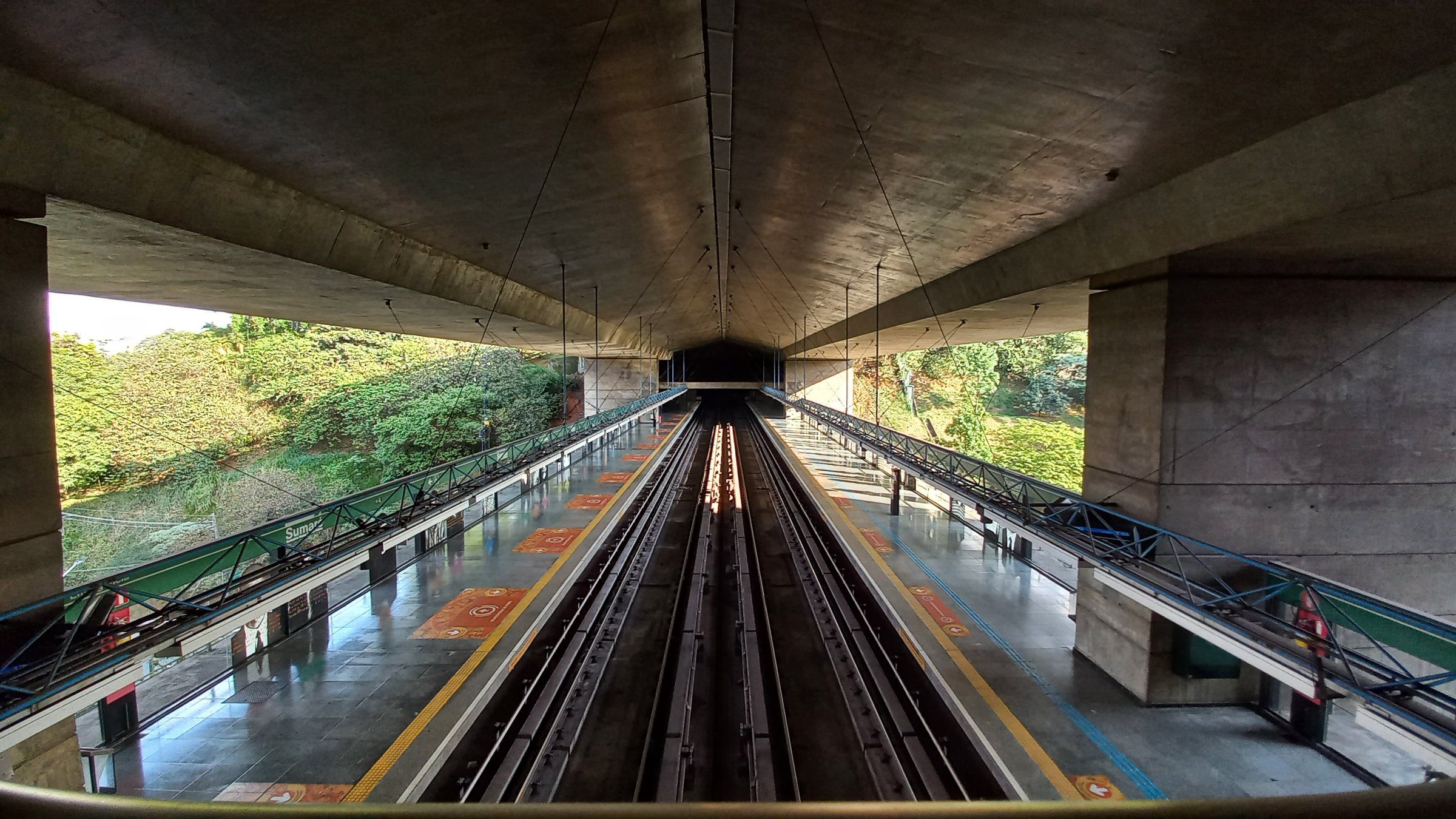 Vista do mezanino sobre uma plataforma de metrô sem ninguém: trilhos em perspectiva somem num túnel sob uma laje de concreto, com mata densa dos dois lados.